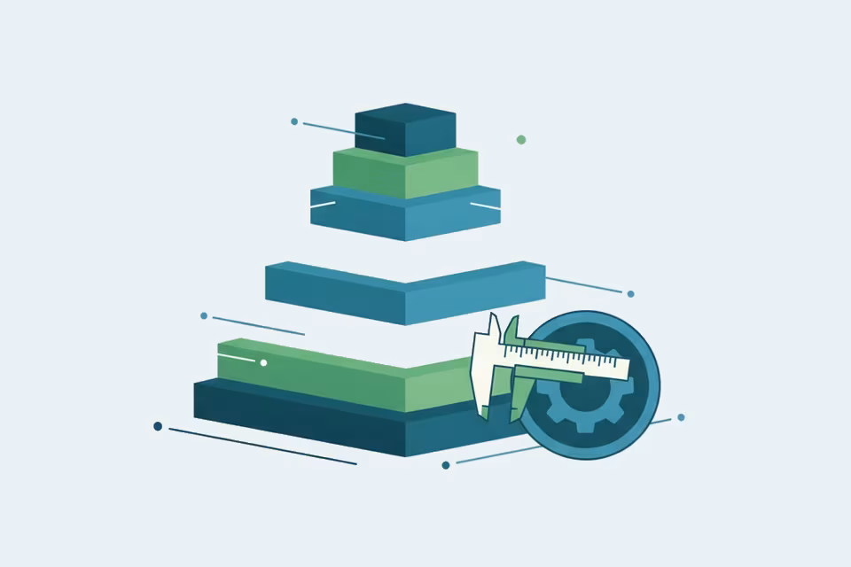Layered plates representing project scope tiers with a caliper and gear
