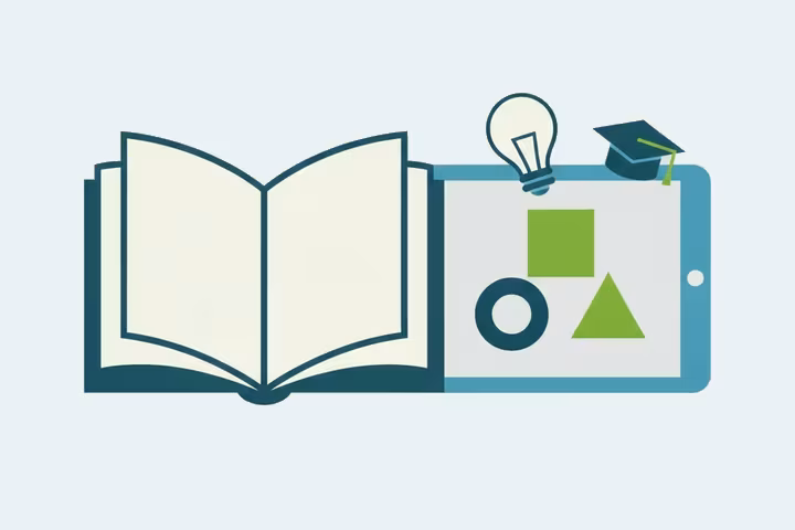 Open book turning into a tablet with learning blocks